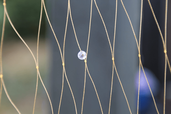 A fishing net with a tiny glass bead threaded through